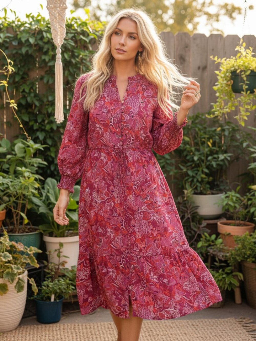 Time Tru S 4โ 6 Midi Dress Purple Red Floral Peasant Cottage Boho Office Indie